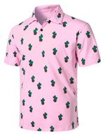 Men's Cactus Print Pink Cotton Holiday Sports Golf Short Sleeve Polo Shirt