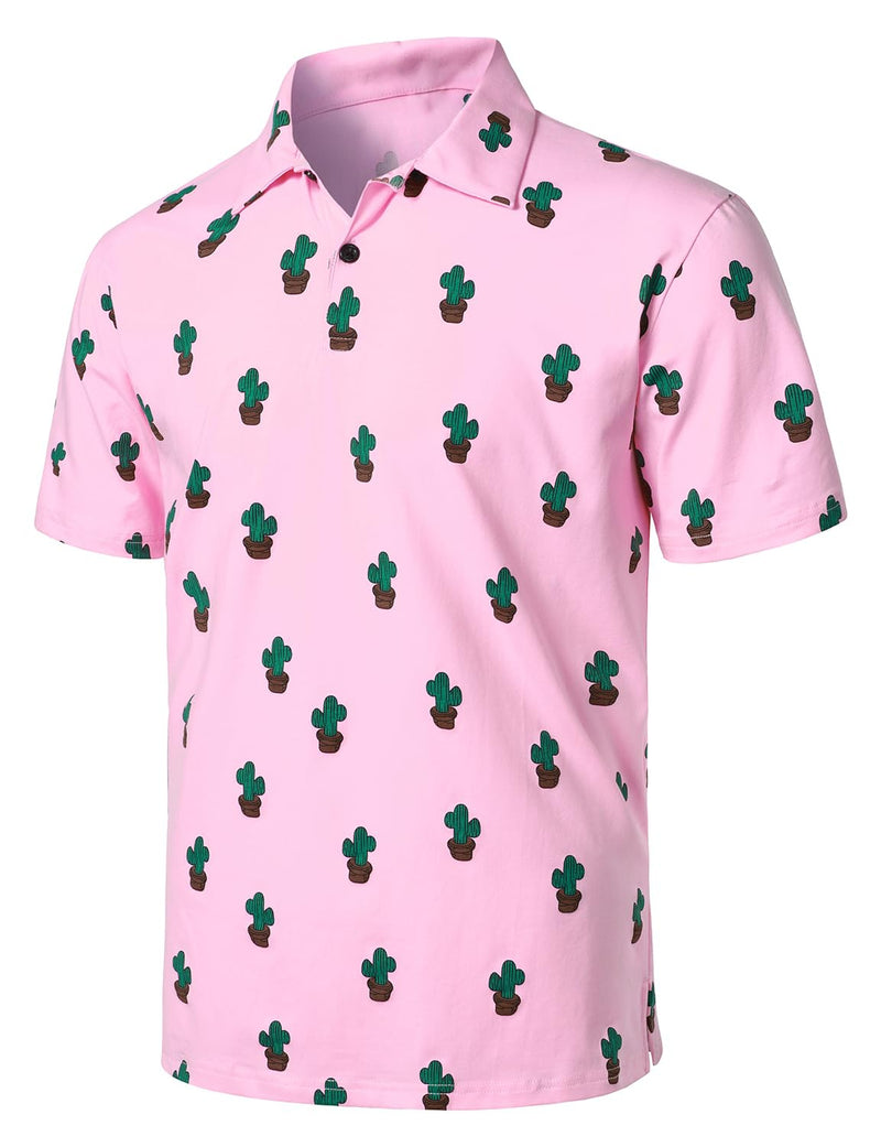 Men's Cactus Print Pink Cotton Holiday Sports Golf Short Sleeve Polo Shirt