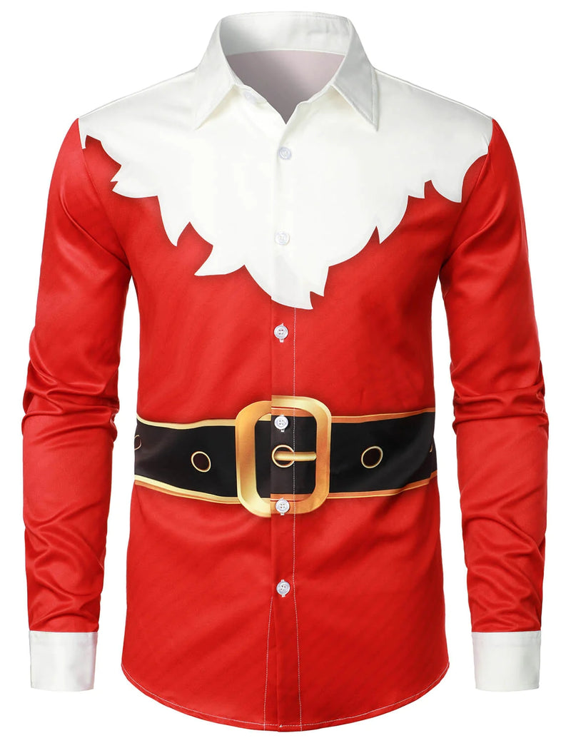 Men's Santa Claus Christmas Themed Top Red Funny Holiday Long Sleeve Shirt