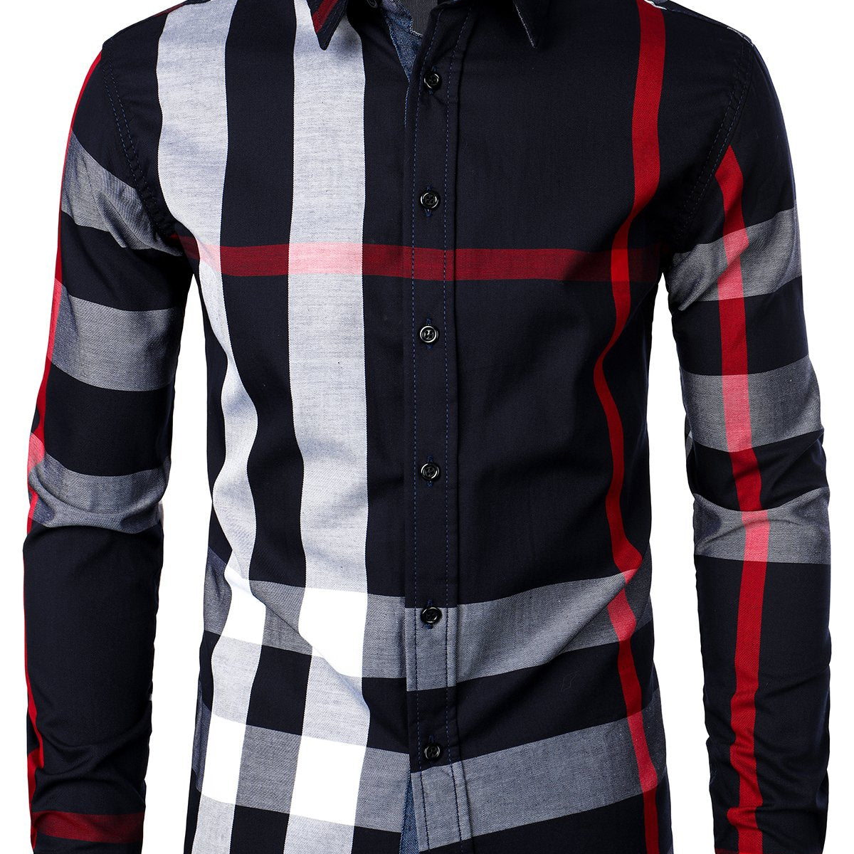 Men's Long-sleeved Cotton Color-blocking Plaid Shirt