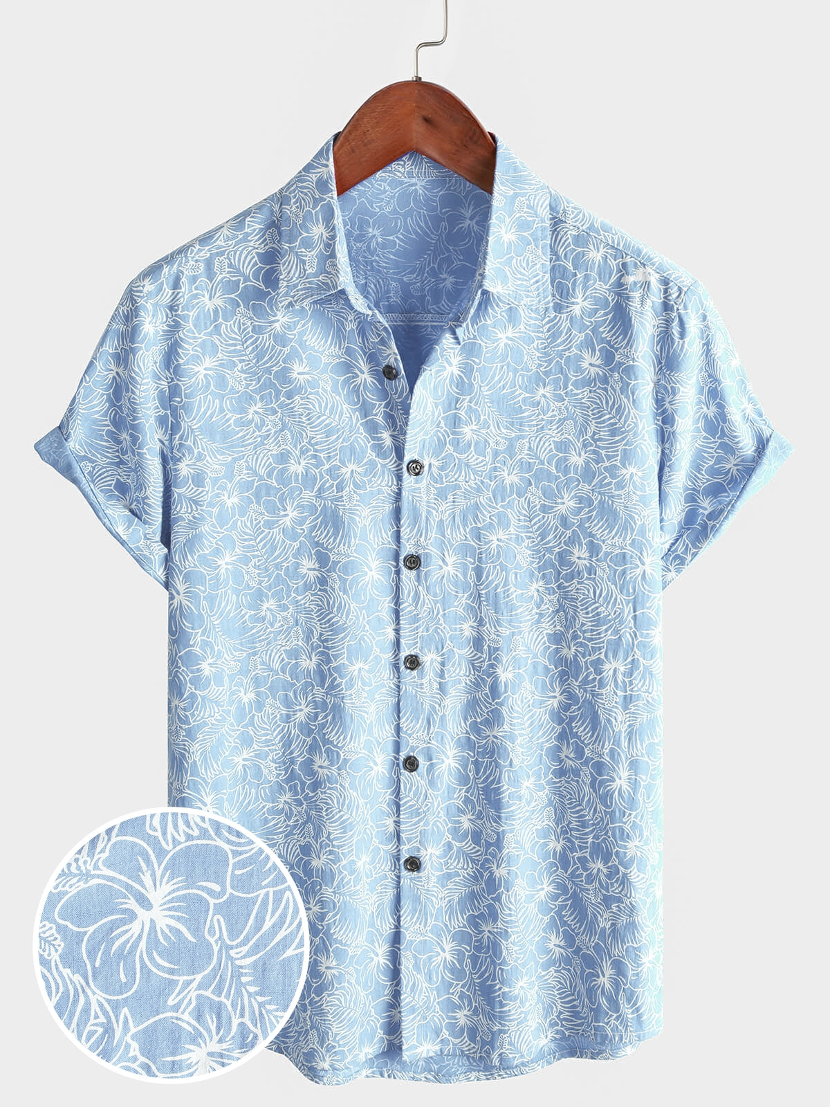 Men's Cotton Floral Holiday Flower Print Button Up Beach Light Blue Hawaiian Short Sleeve Shirt