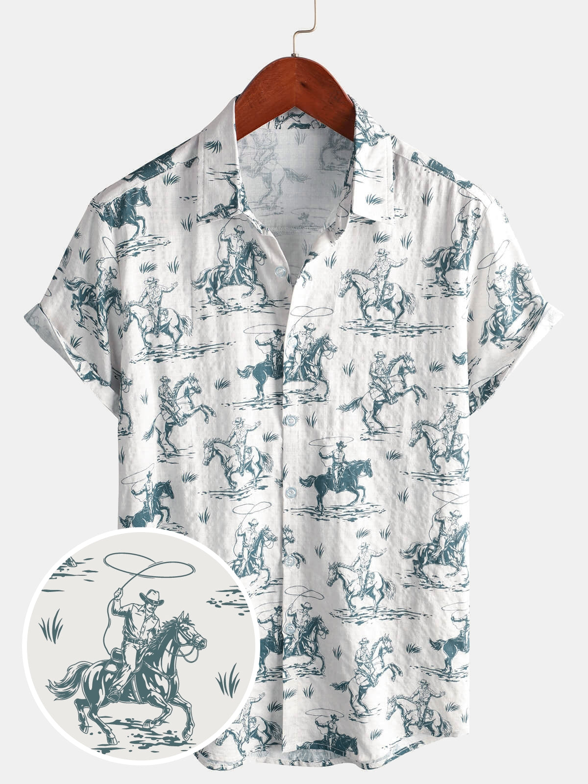 Men's Horse Print Cowboy Button Up Holiday Short Sleeve Shirt