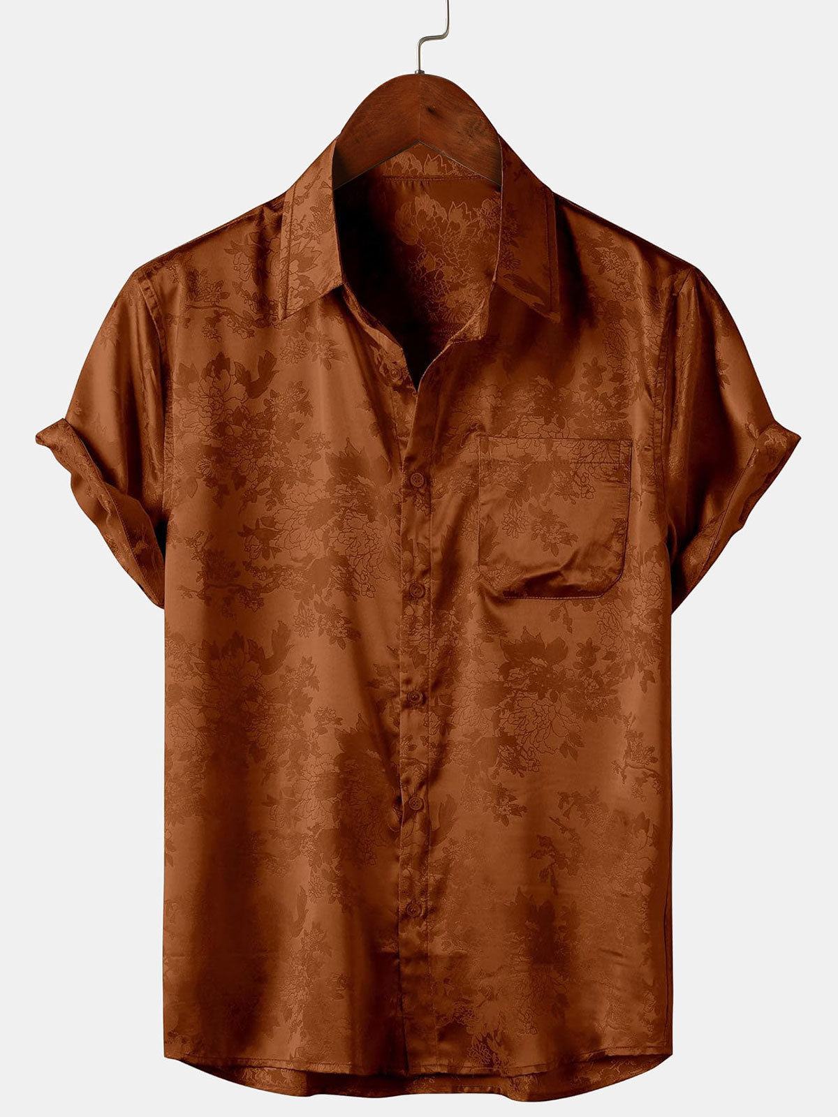 Men's Brown Jacquard Pocket Silk Satin Floral Short Sleeve Shirt