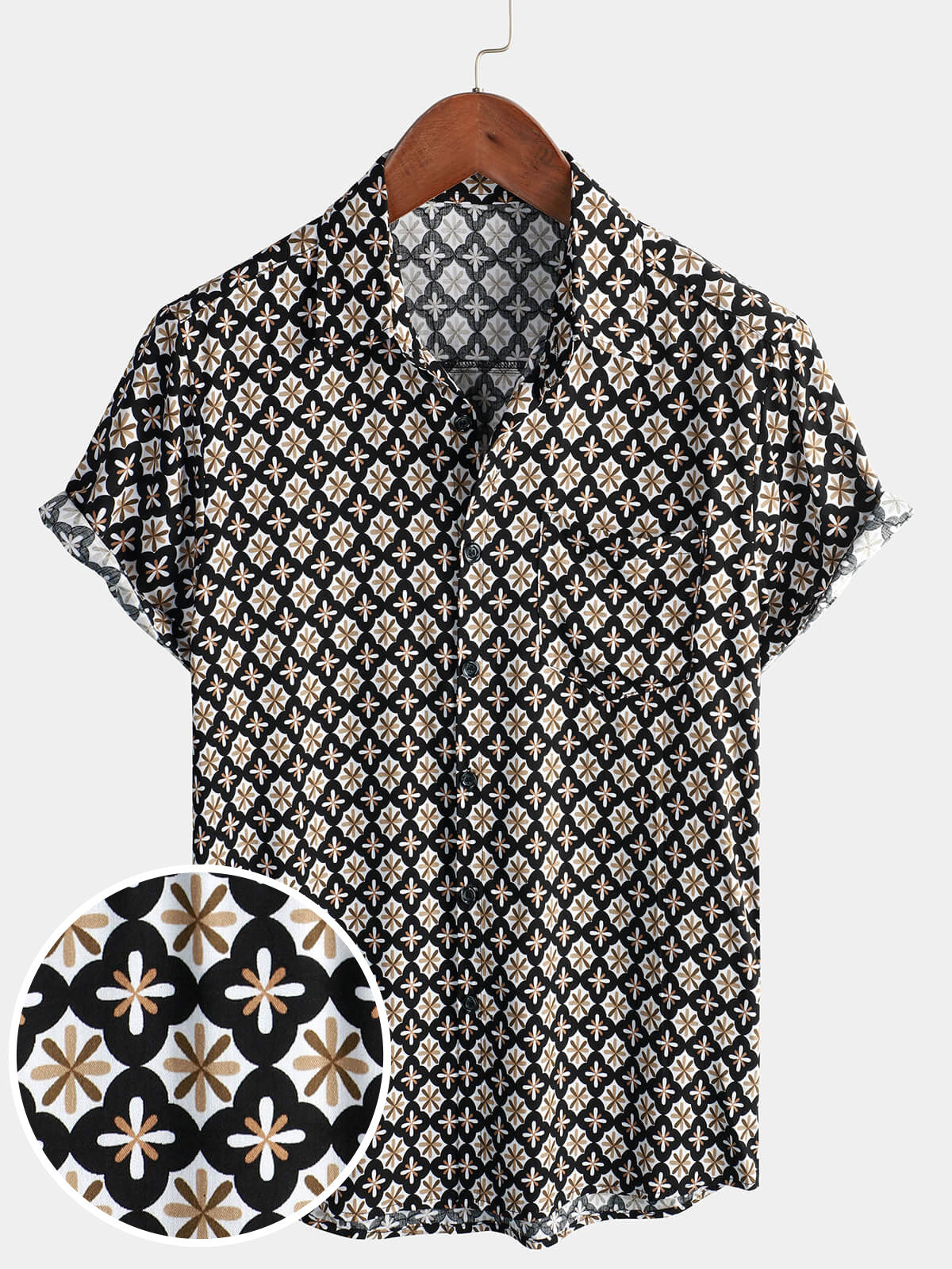 Men's Black Button Summer Beach Short Sleeve Shirt