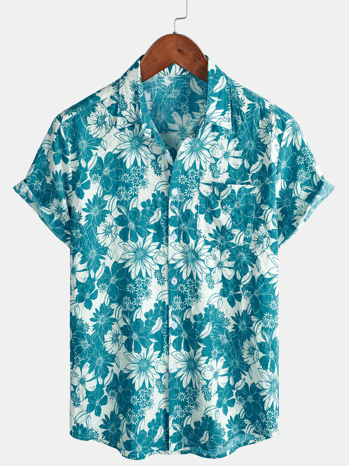 Men's Blue Daisy Floral Print Beach Short Sleeve Shirt