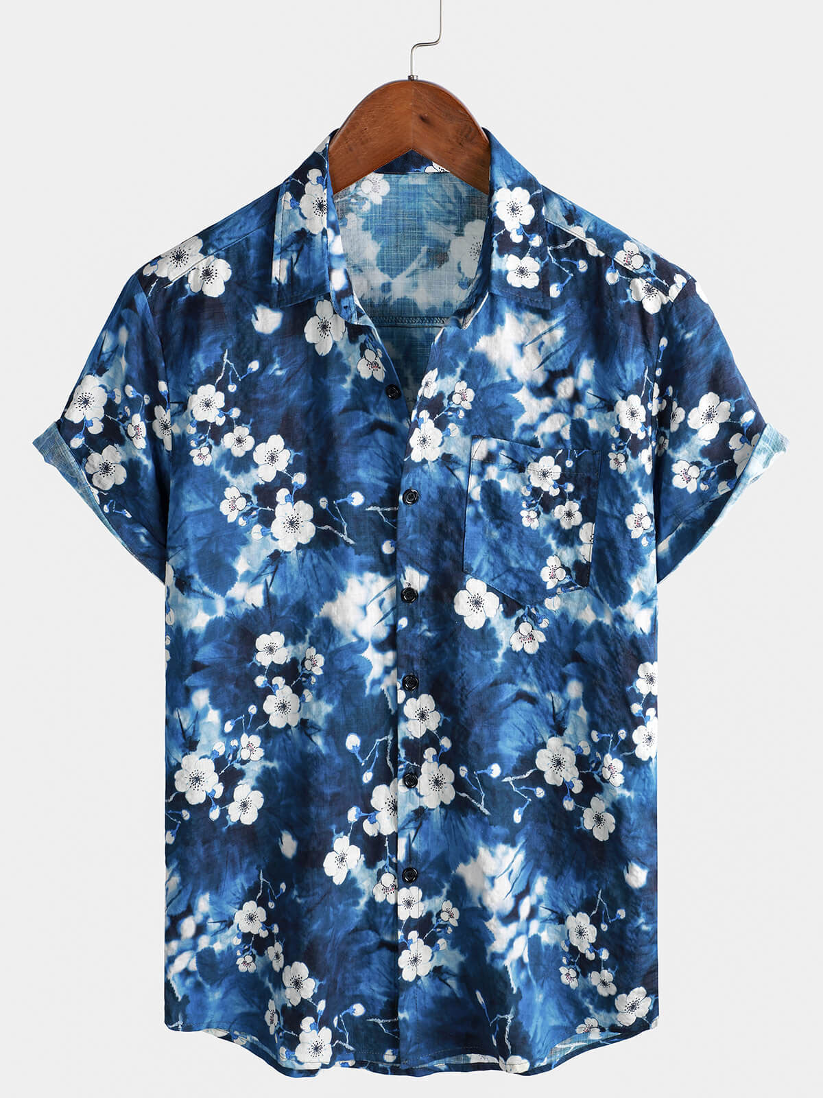 Men's Floral Print Pocket Hawaiian Short Sleeve Shirt
