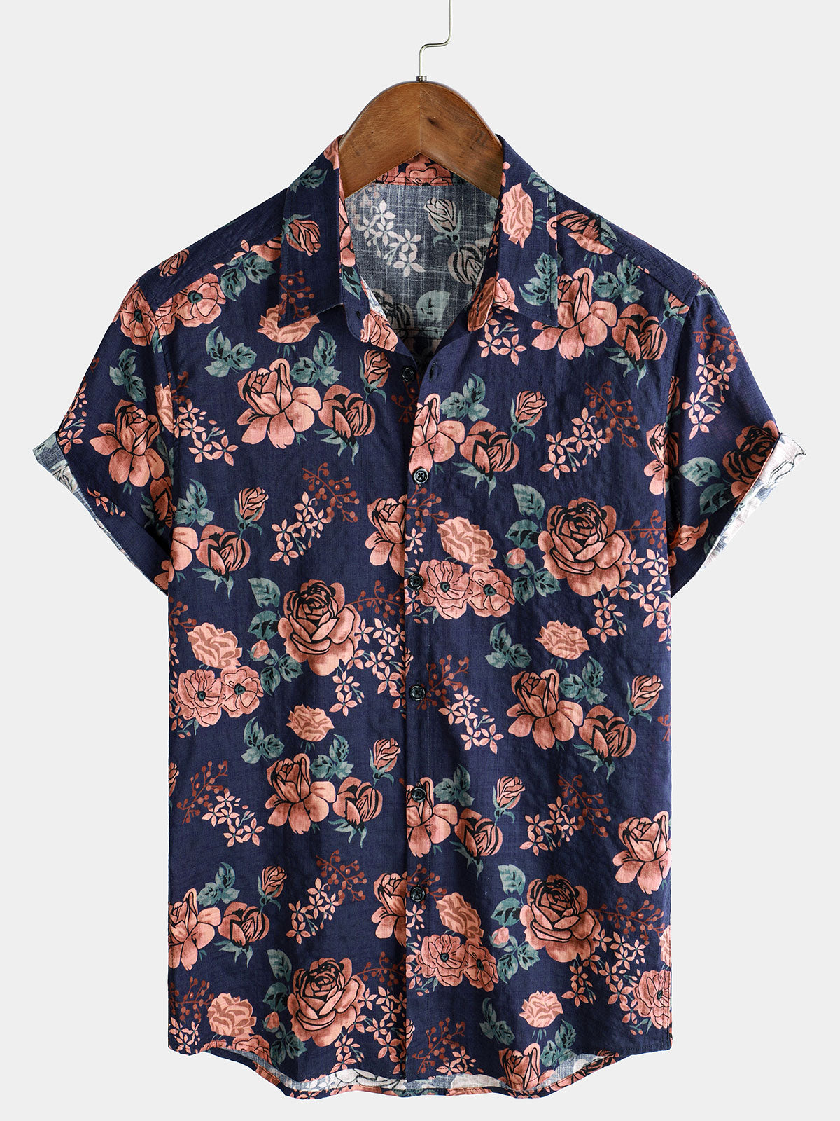 Men's Floral Retro Navy Blue Summer Holiday Short Sleeve Shirt