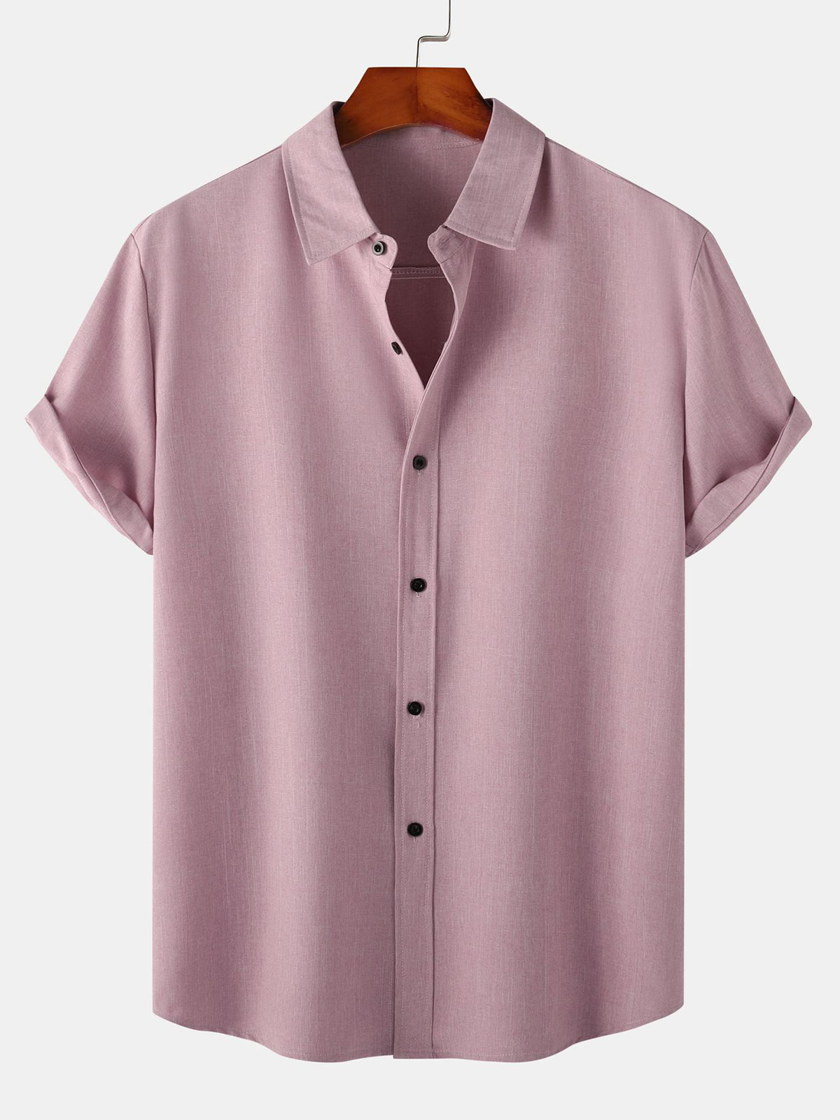 Men's Pink Breathable Solid Color Cotton Button Up Casual Short Sleeve Shirt