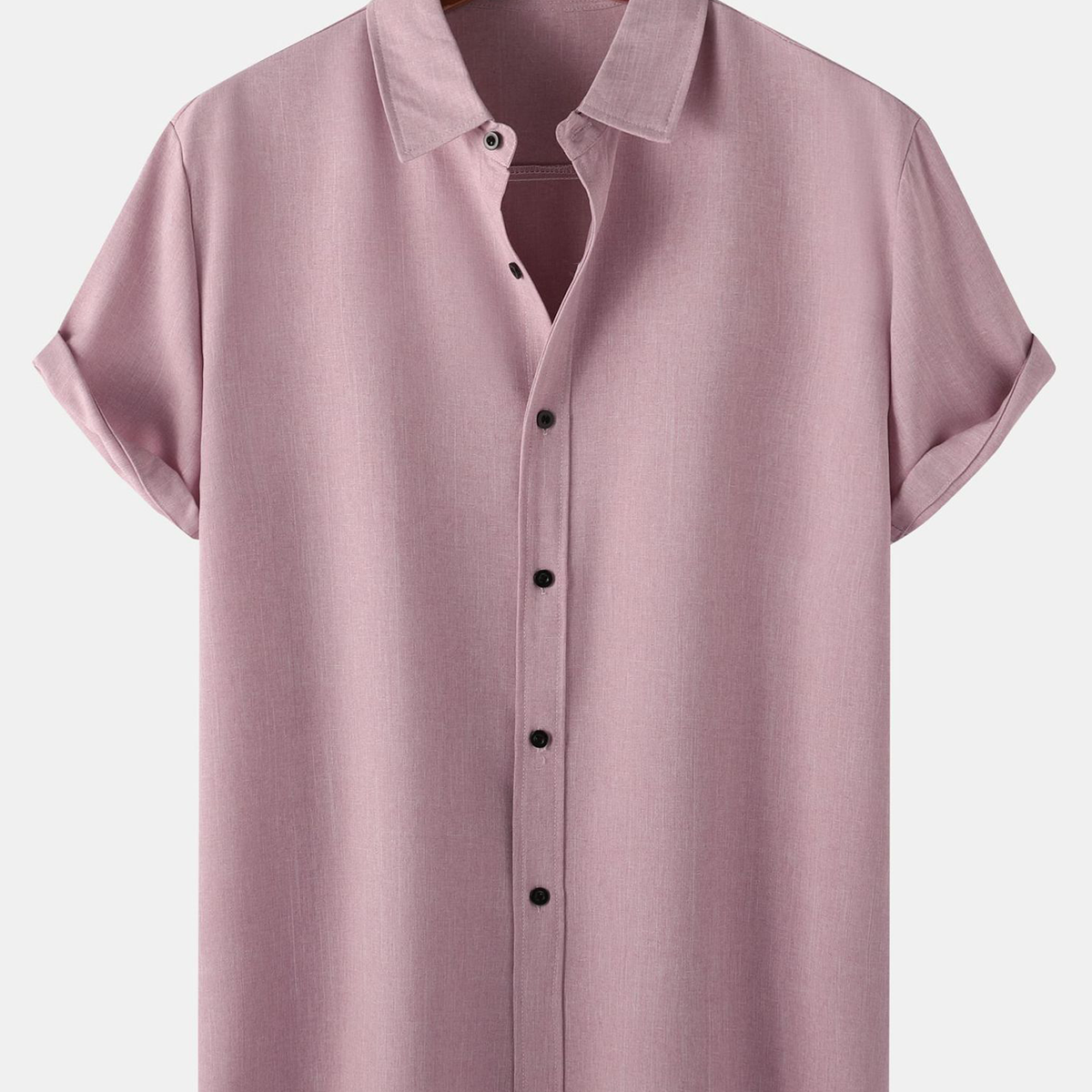 Men's Pink Breathable Solid Color Cotton Button Up Casual Short Sleeve Shirt