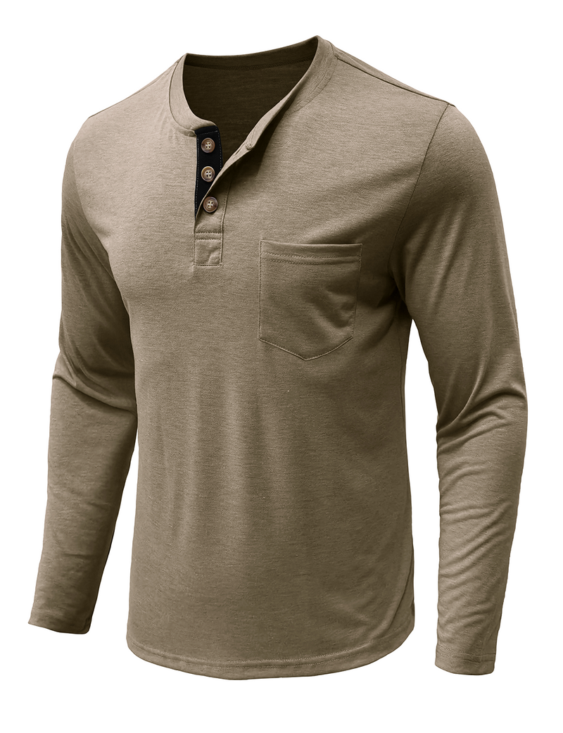 Men's Solid Color Cotton Casual Henry Collar Pocket Long Sleeve T-Shirt