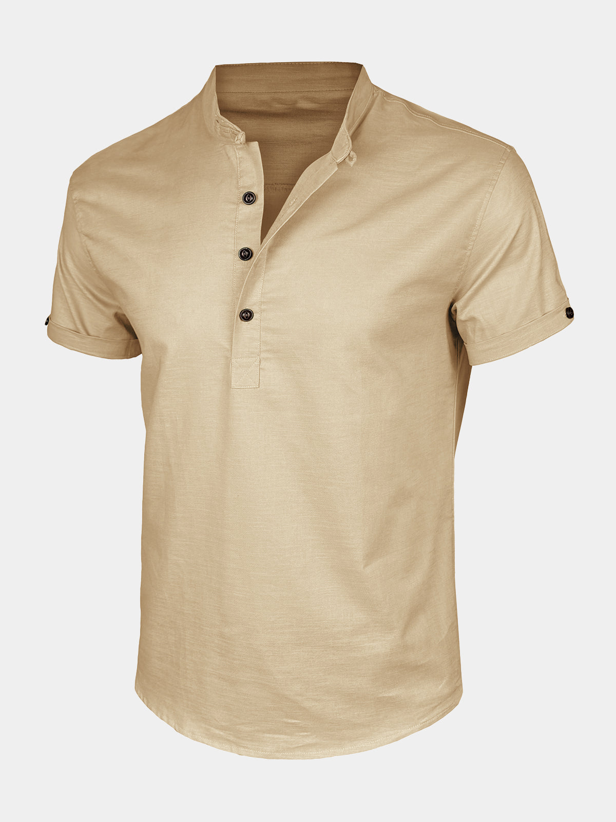 Men’s Casual Cotton Linen Blend Stand Collar Short Sleeve Henley Shirt