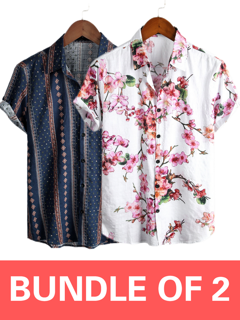 Bundle Of 2 | Men's Floral & Vintage Cotton Tropical Hawaiian Shirt
