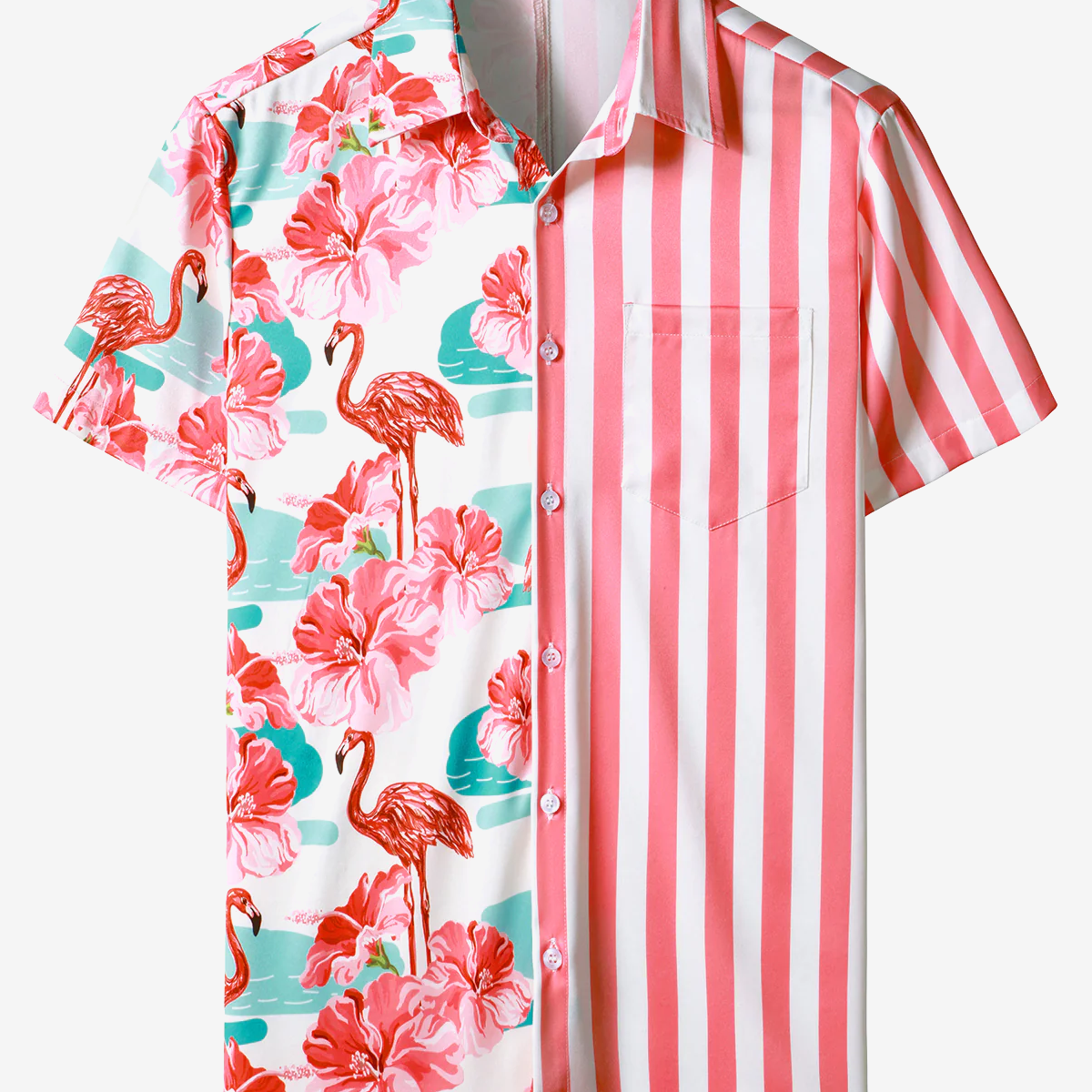 Men's Floral Flamingo Hawaiian Animal Pink Striped Flowers Aloha Short Sleeve Vacation Beach Shirt