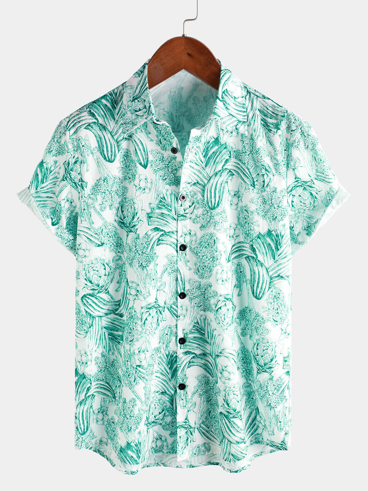 Men‘s 100% Cotton Green Floral Hawaiian Short Sleeve Button Shirt
