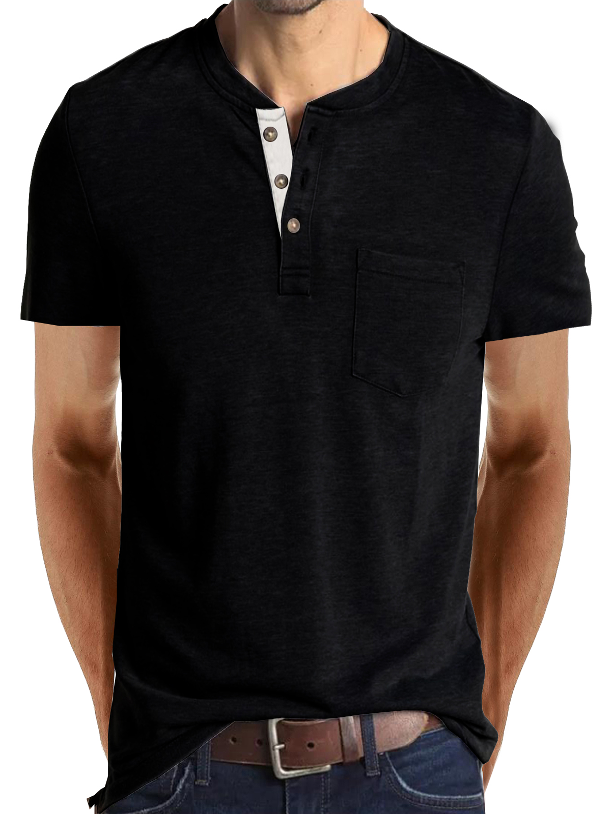 Men's Cotton Henley Collar Solid Color Casual Short Sleeve T-Shirt