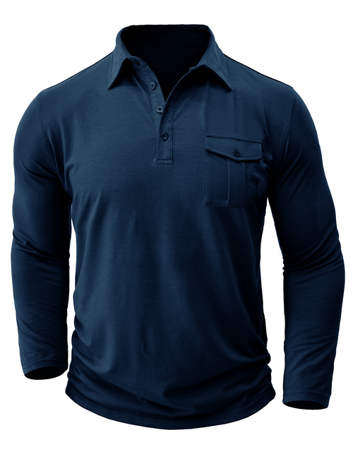 Men's Solid Color Casual Pocket Long Polo Shirt