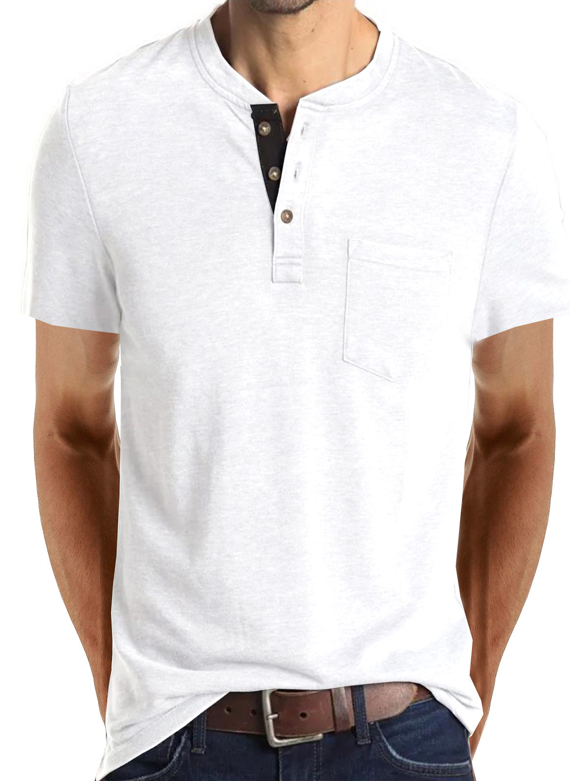 Men's Cotton Henley Collar Solid Color Casual Short Sleeve T-Shirt