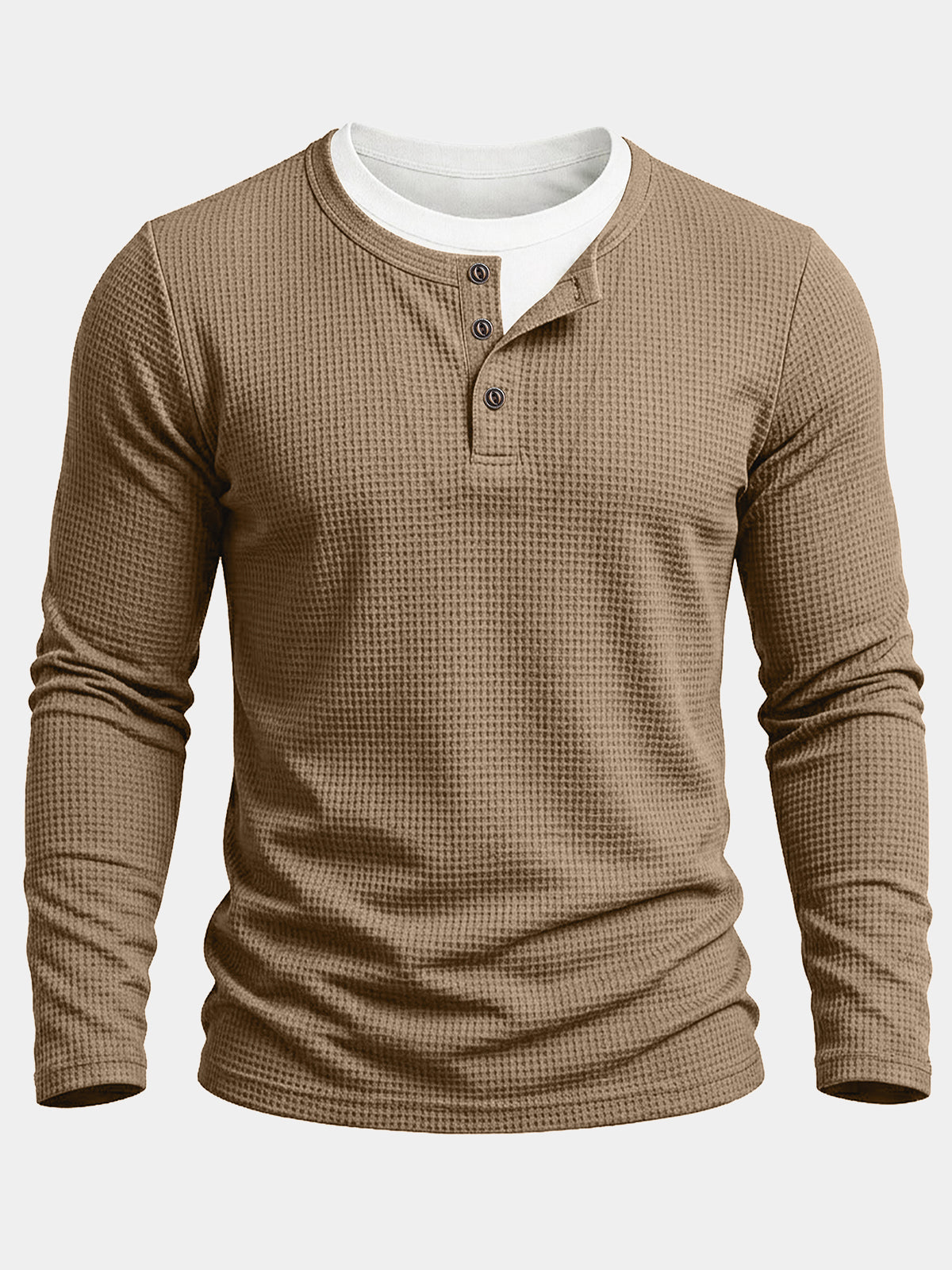Men's Khaki Cotton Waffle Knit Long Sleeve Henley T-Shirt
