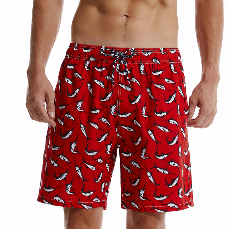 Men's Shark Print Red Quick Dry Beach Shorts Swim Trunks