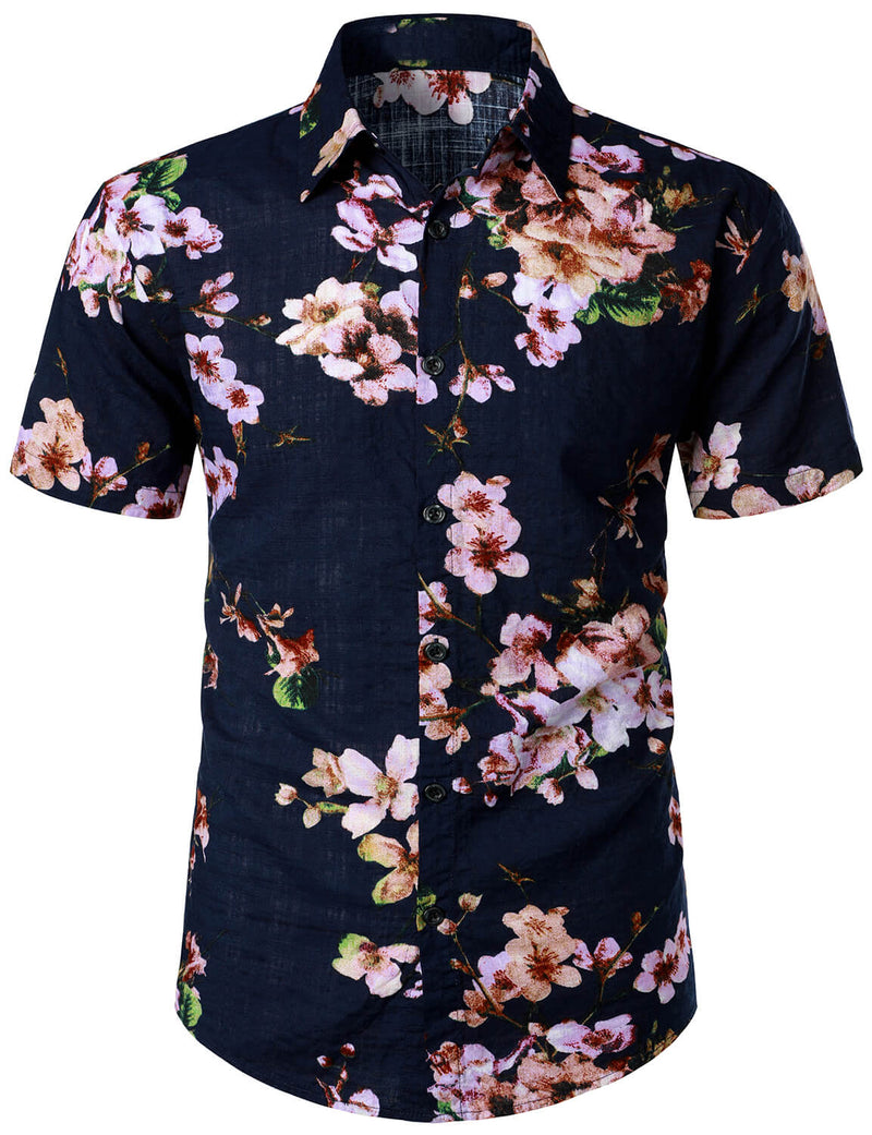 Men's Floral Cotton Tropical Flower Button Up Navy Blue Short Sleeve Hawaiian Shirt