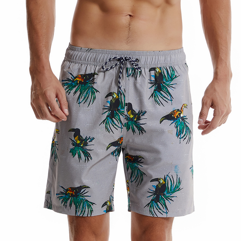 Men's Parrot Print Grey Quick Dry Beach Trunks Swim Trunks