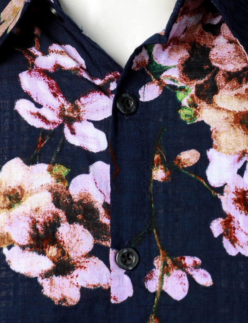 Men's Floral Cotton Tropical Flower Button Up Navy Blue Short Sleeve Hawaiian Shirt