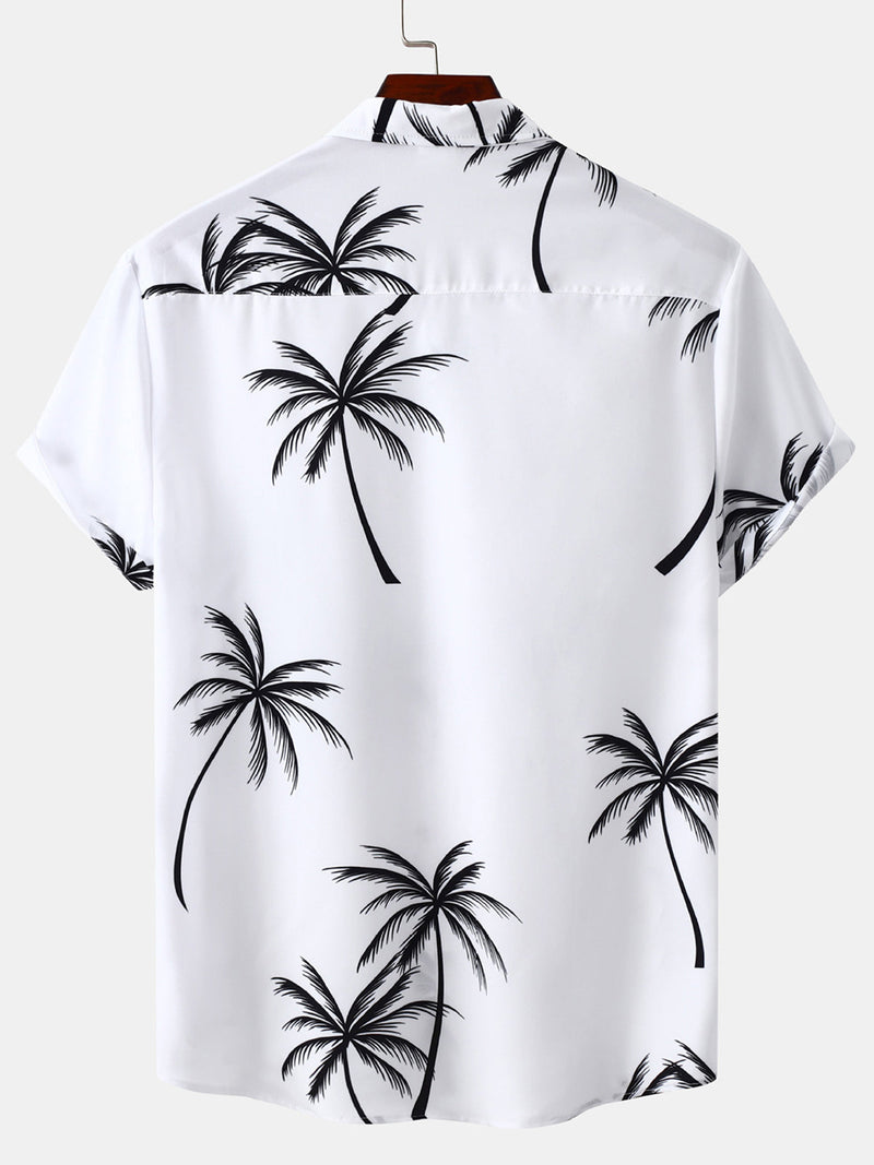 Men's Palm Tree Print Hawaiian Button Up Summer Short Sleeve Shirt