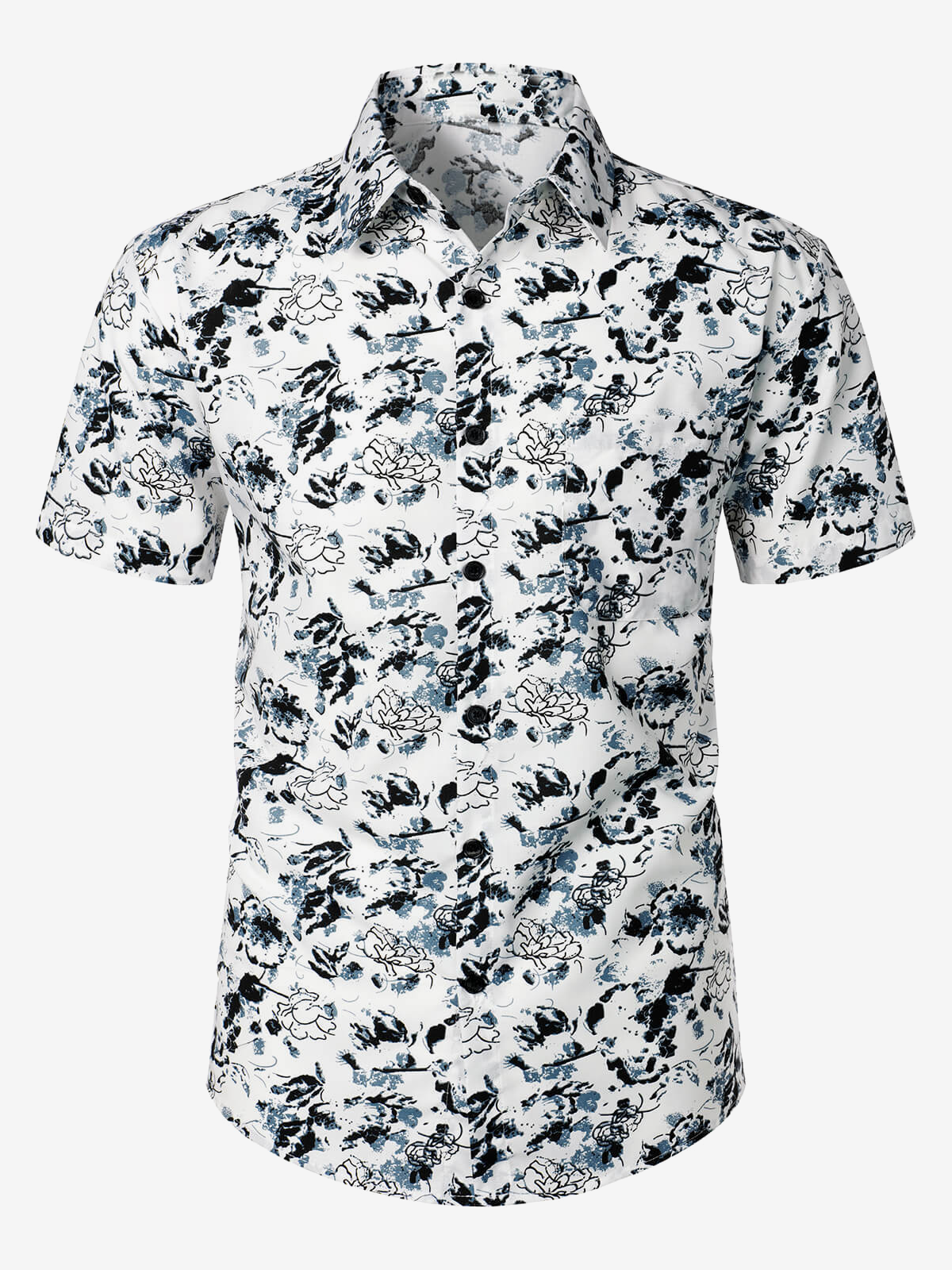 Men's White and Black Floral Summer Flower Button Up Cotton Short Sleeve Shirt