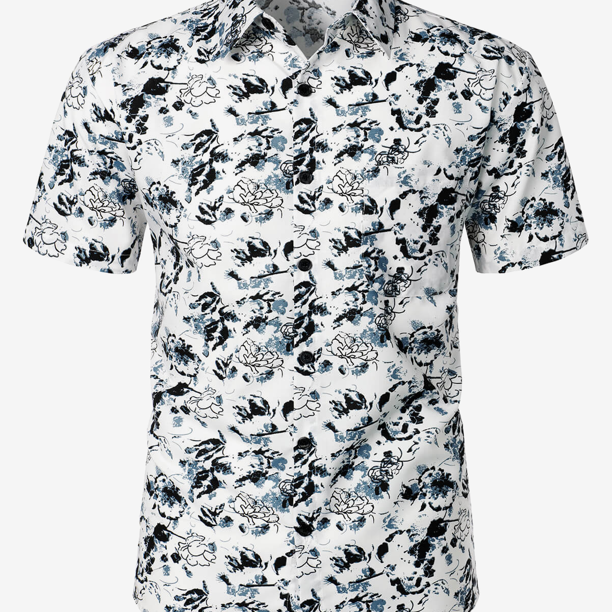 Men's White and Black Floral Summer Flower Button Up Cotton Short Sleeve Shirt