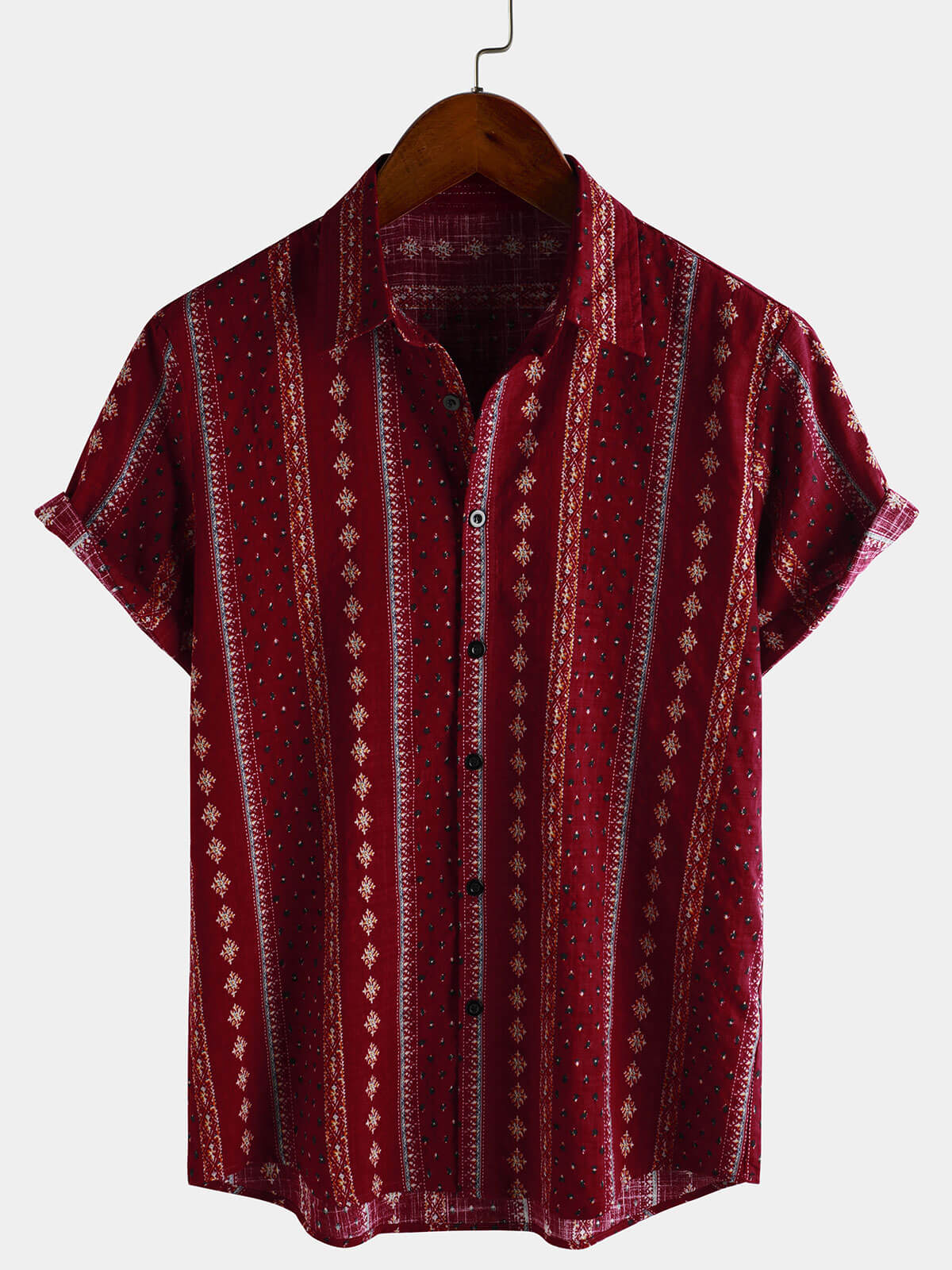 Men's Retro Red Striped Print Button Up 70s Vintage Short Sleeve Shirt