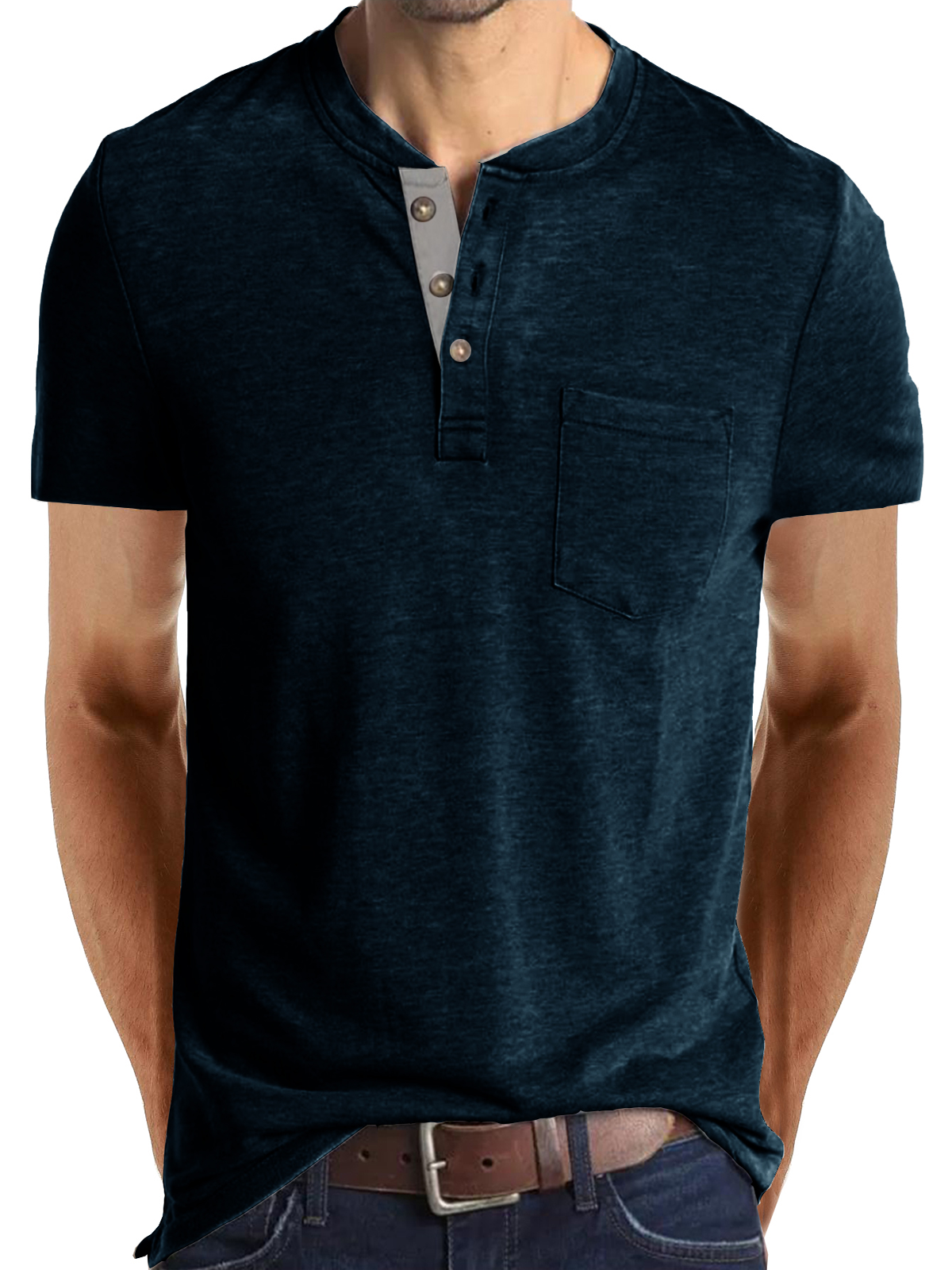 Men's Summer Solid Color Cotton Casual Henley Collar Short Sleeve T-Shirt
