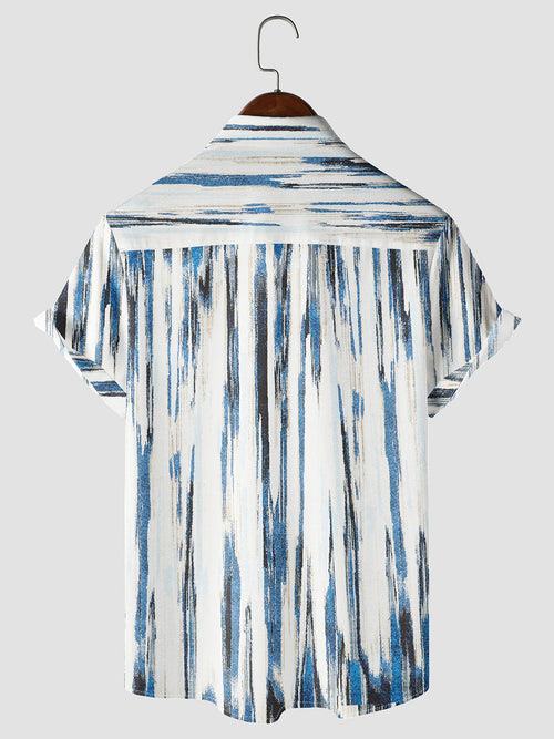 Men's Ombre Textured Blue and White Art Vertical Striped Resort Short Sleeve Button Up Shirt