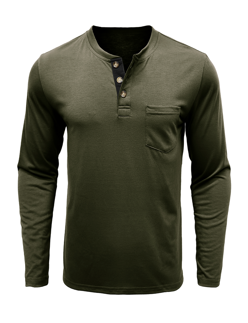 Men's Solid Color Cotton Casual Henry Collar Pocket Long Sleeve T-Shirt