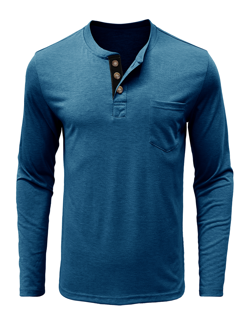 Men's Solid Color Cotton Casual Henry Collar Pocket Long Sleeve T-Shirt
