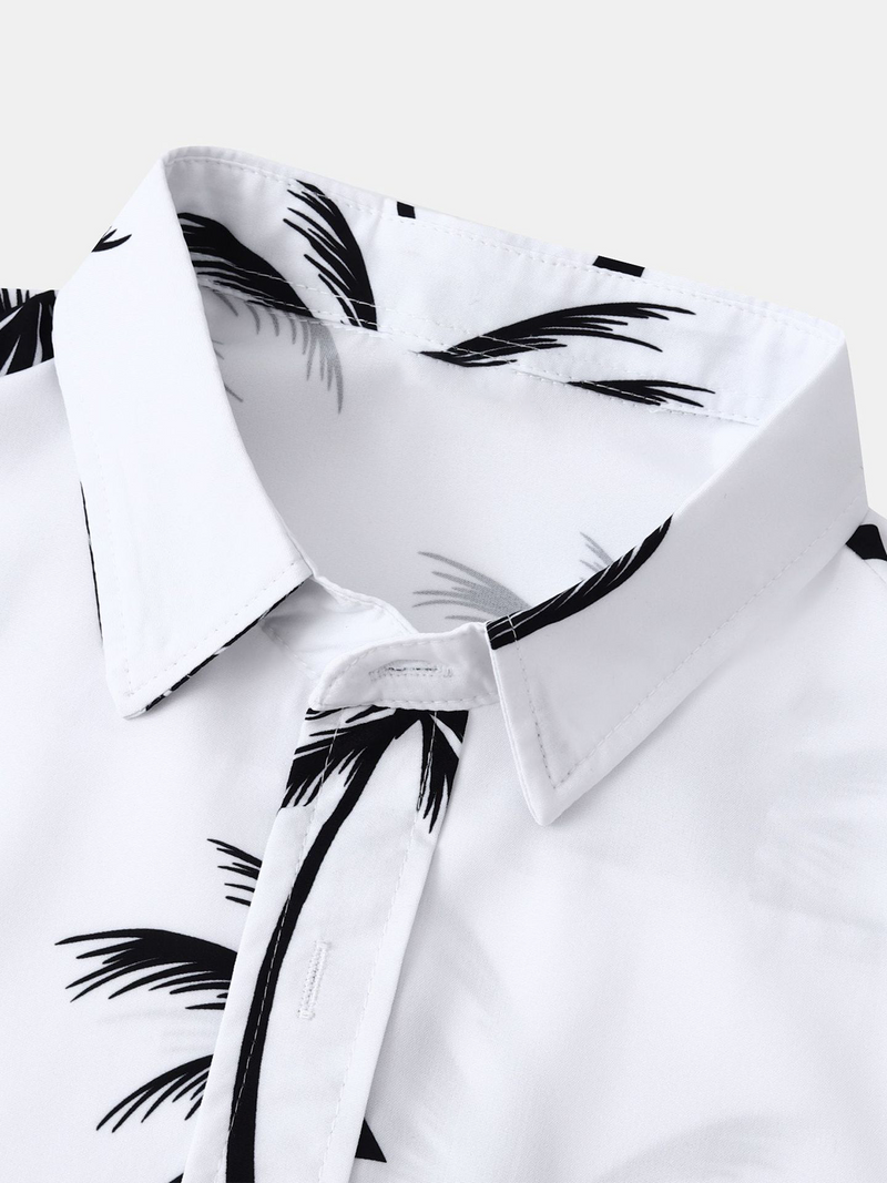 Men's Palm Tree Print Hawaiian Button Up Summer Short Sleeve Shirt
