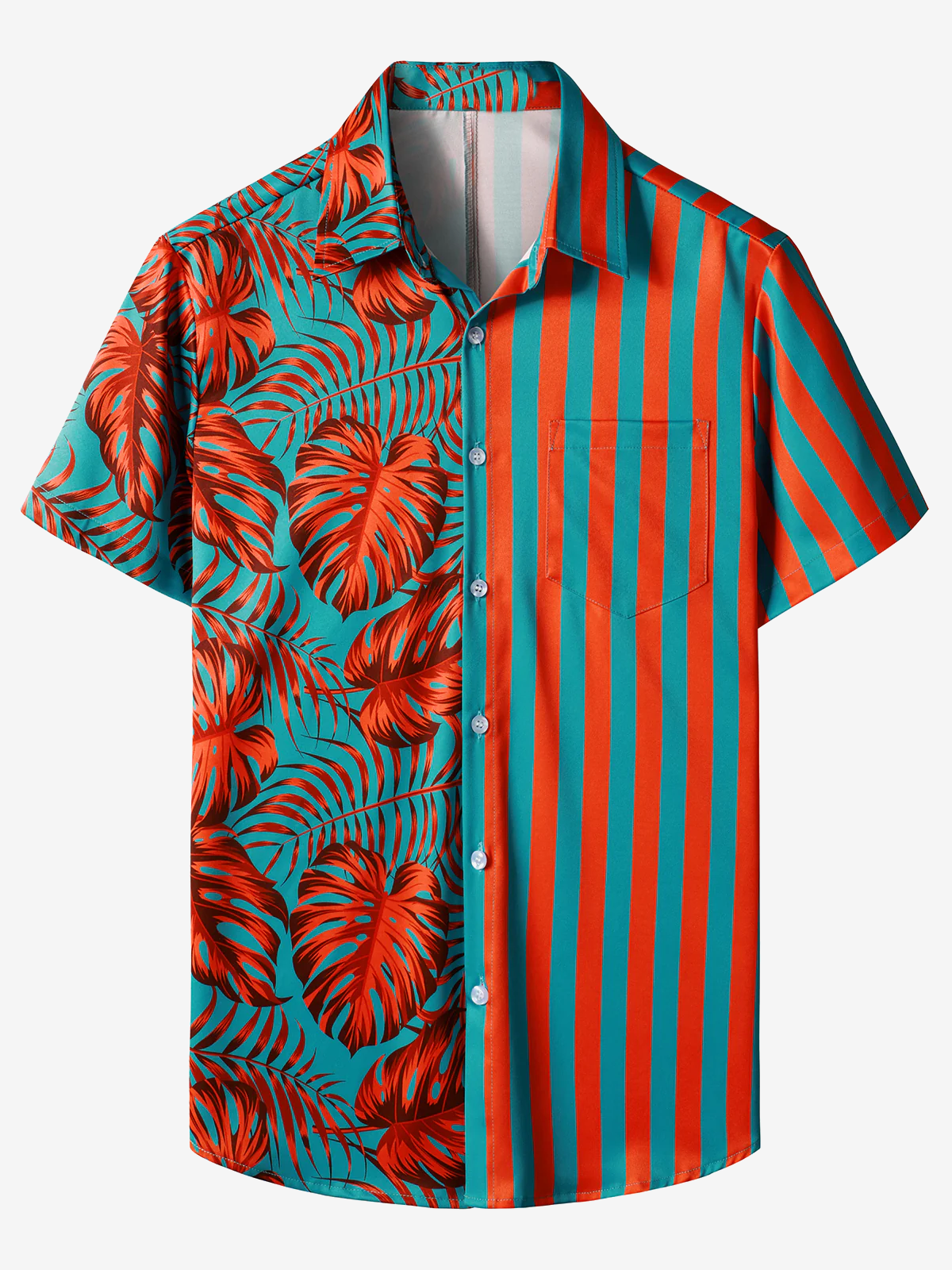 Men's Tropical Leaves And Striped Print Hawaiian Short Sleeve Aloha Shirt