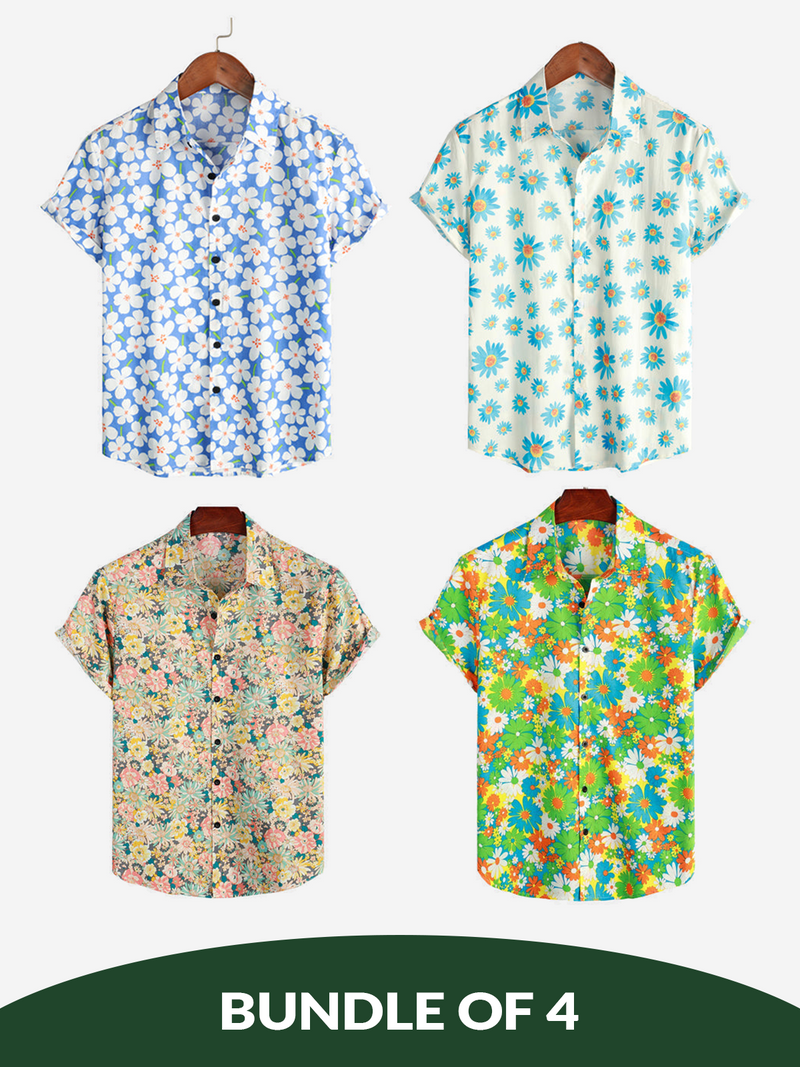 Bundle Of 4 | Men's Floral Cotton Tropical Hawaiian Shirts