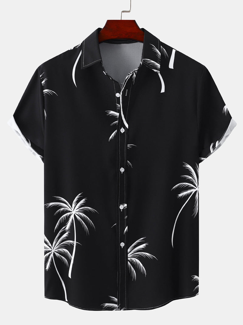 Men's Palm Tree Print Hawaiian Button Up Summer Short Sleeve Shirt