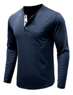 Men's Solid Color Cotton Casual Henry Collar Pocket Long Sleeve T-Shirt