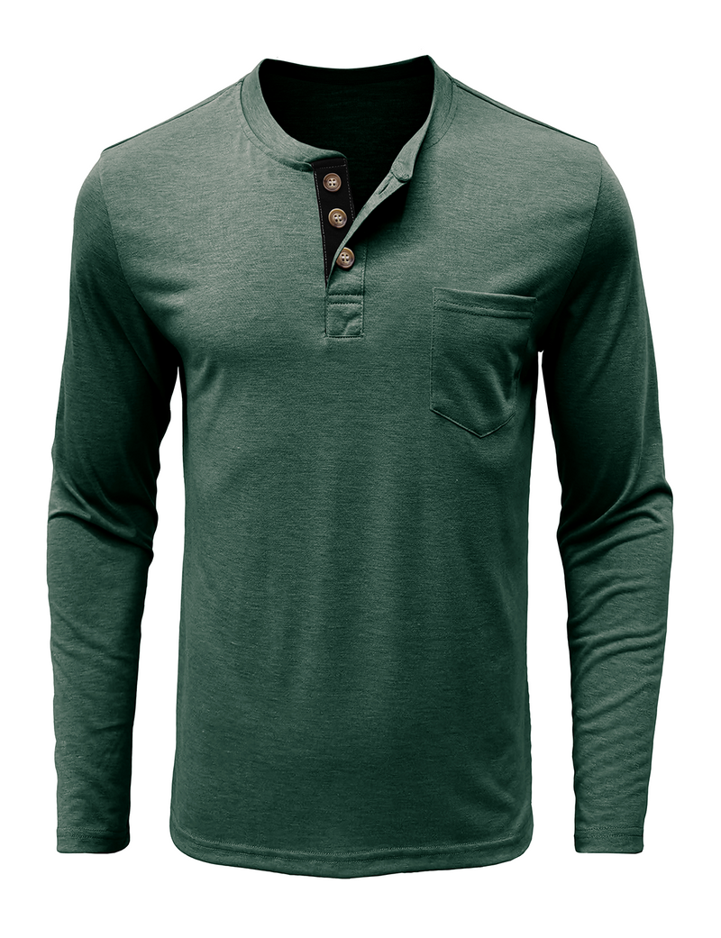 Men's Solid Color Cotton Casual Henry Collar Pocket Long Sleeve T-Shirt