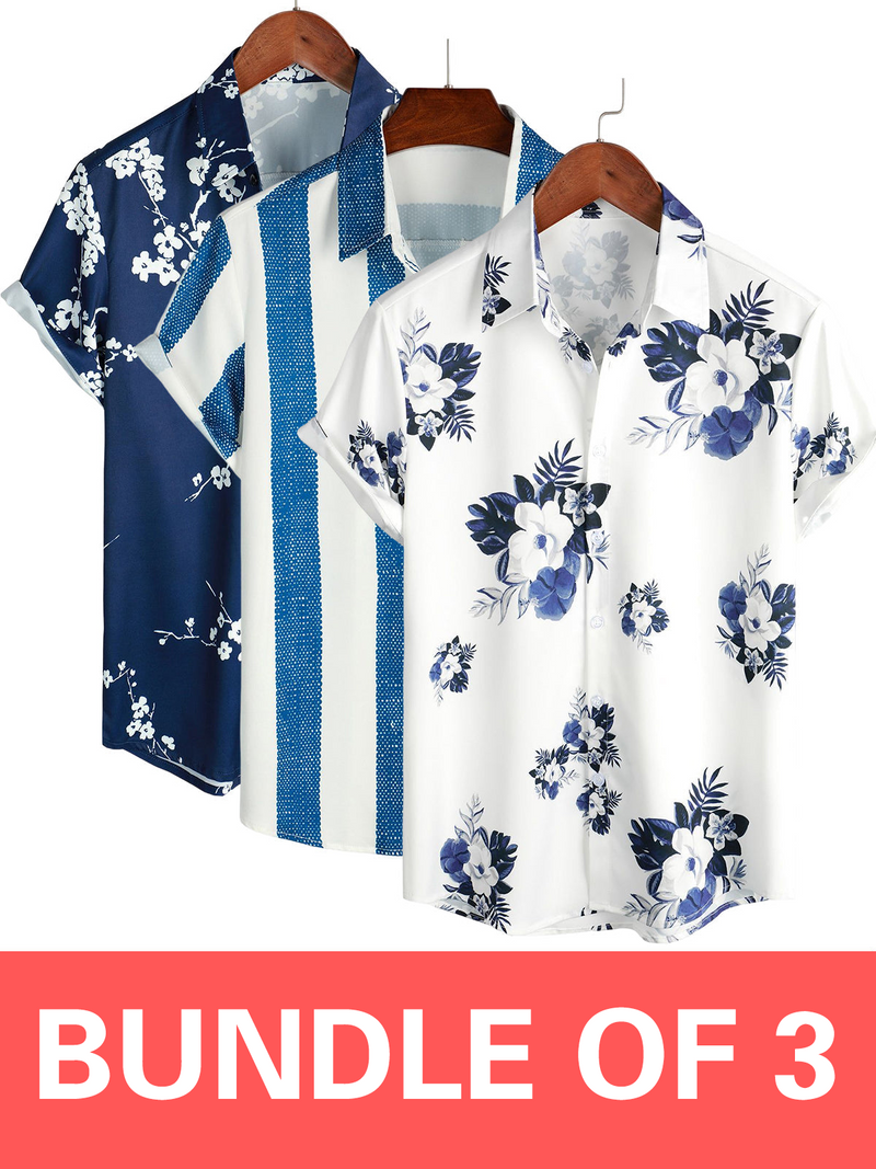 Bundle Of 3 | Men's Floral & Stripe Holiday Summer Print Casual White Beach Short Sleeve Shirts