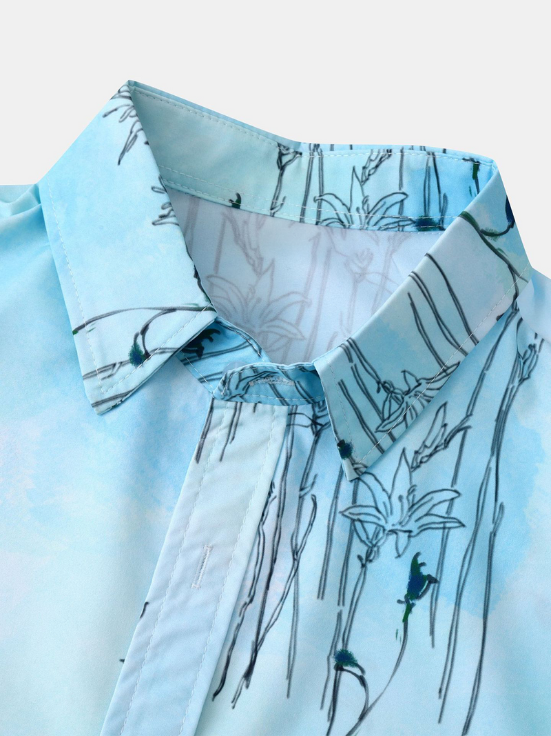 Men's Flower Print Light Blue Vacation Beach Short Button Up Sleeve Hawaiian Shirt
