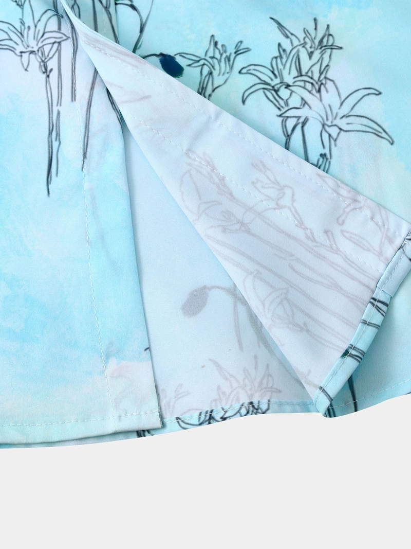 Men's Flower Print Light Blue Vacation Beach Short Button Up Sleeve Hawaiian Shirt