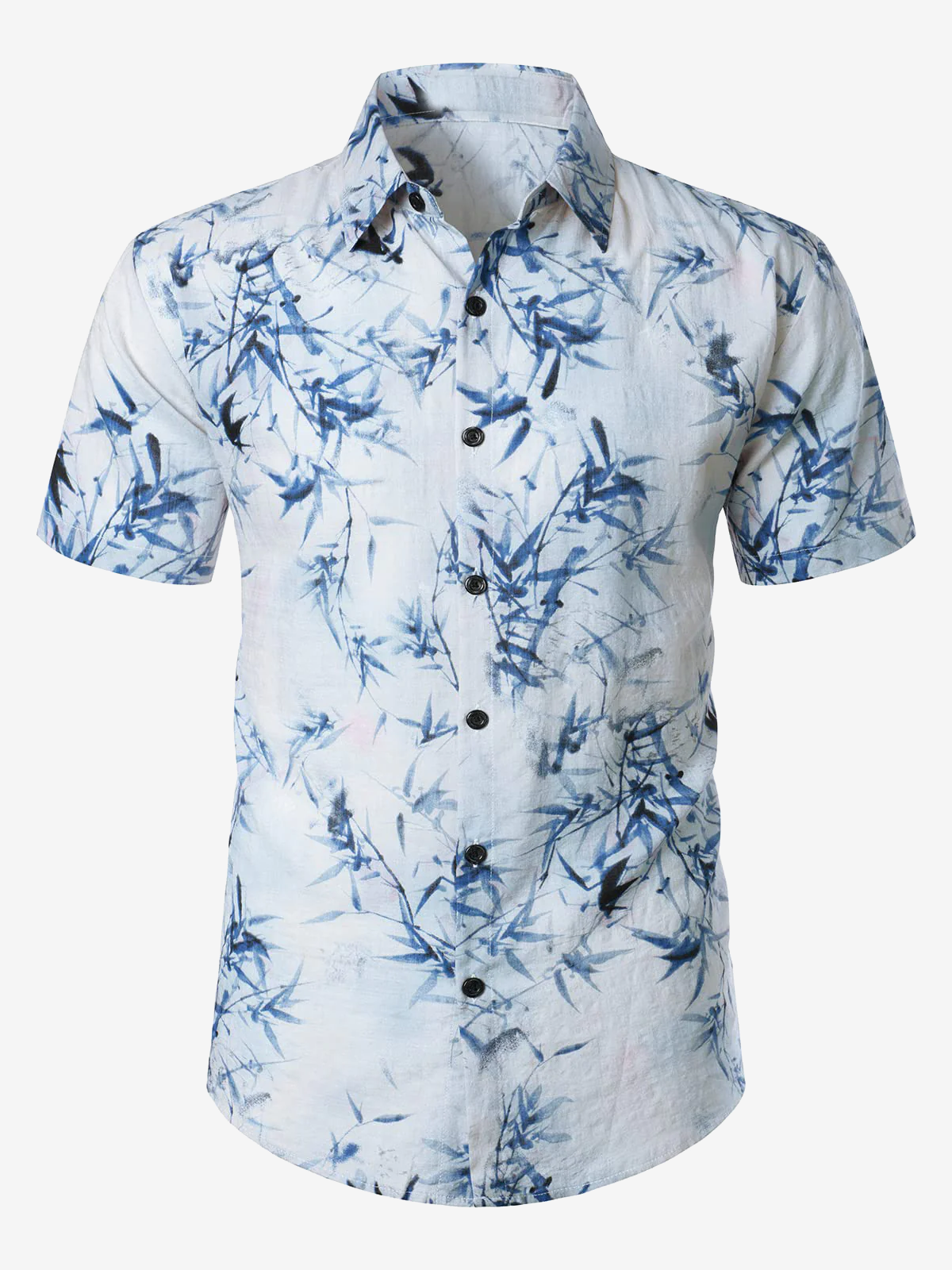 Men's Cotton Bamboo Art Print Button Summer Casual Short Sleeve Light Blue Hawaiian Shirt
