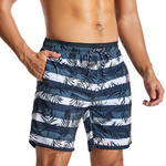 Men's Tropical Leaves And Striped Quick Dry Beach Shorts Swimming Trunks