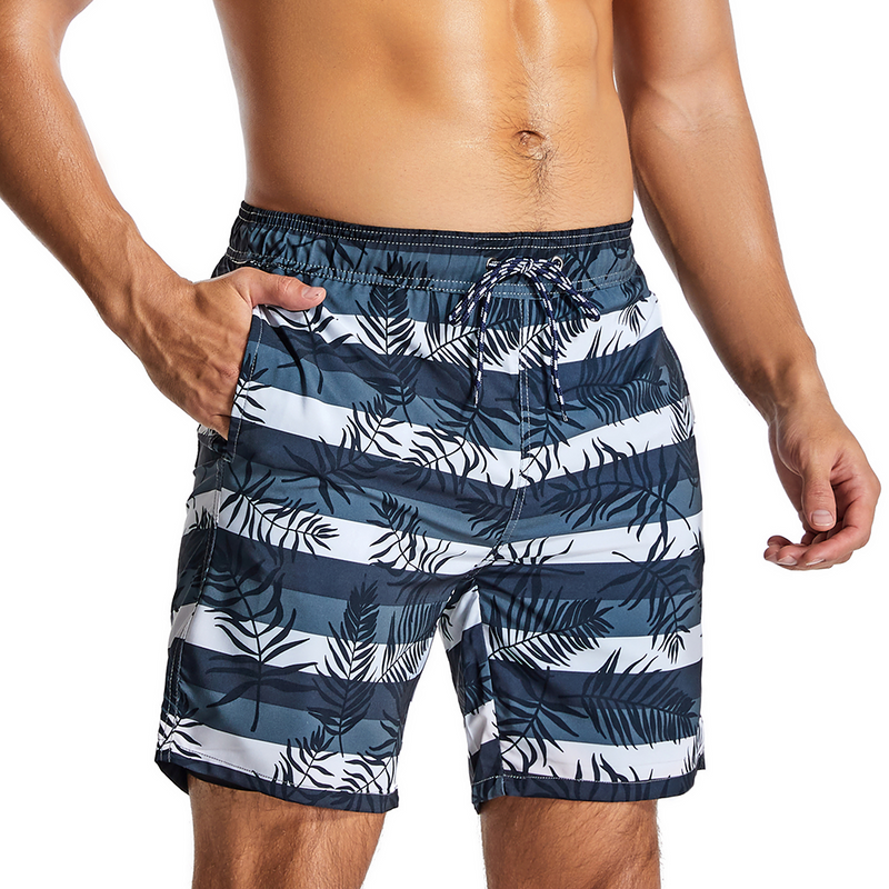 Men's Tropical Leaves And Striped Quick Dry Beach Shorts Swimming Trunks