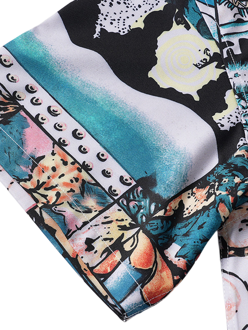 Men's Casual Cuban Collar Tropical Print Summer Short Sleeve Shirt