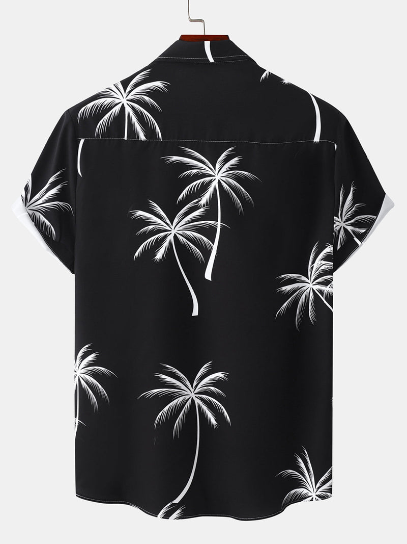 Men's Palm Tree Print Hawaiian Button Up Summer Short Sleeve Shirt