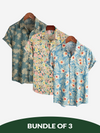 Bundle Of 3 | Men's Retro Beach Hawaiian Cotton Holiday Button Up Blue Short Sleeve Floral Shirts