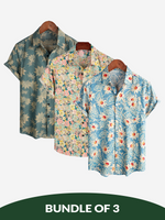 Bundle Of 3 | Men's Retro Beach Hawaiian Cotton Holiday Button Up Blue Short Sleeve Floral Shirts